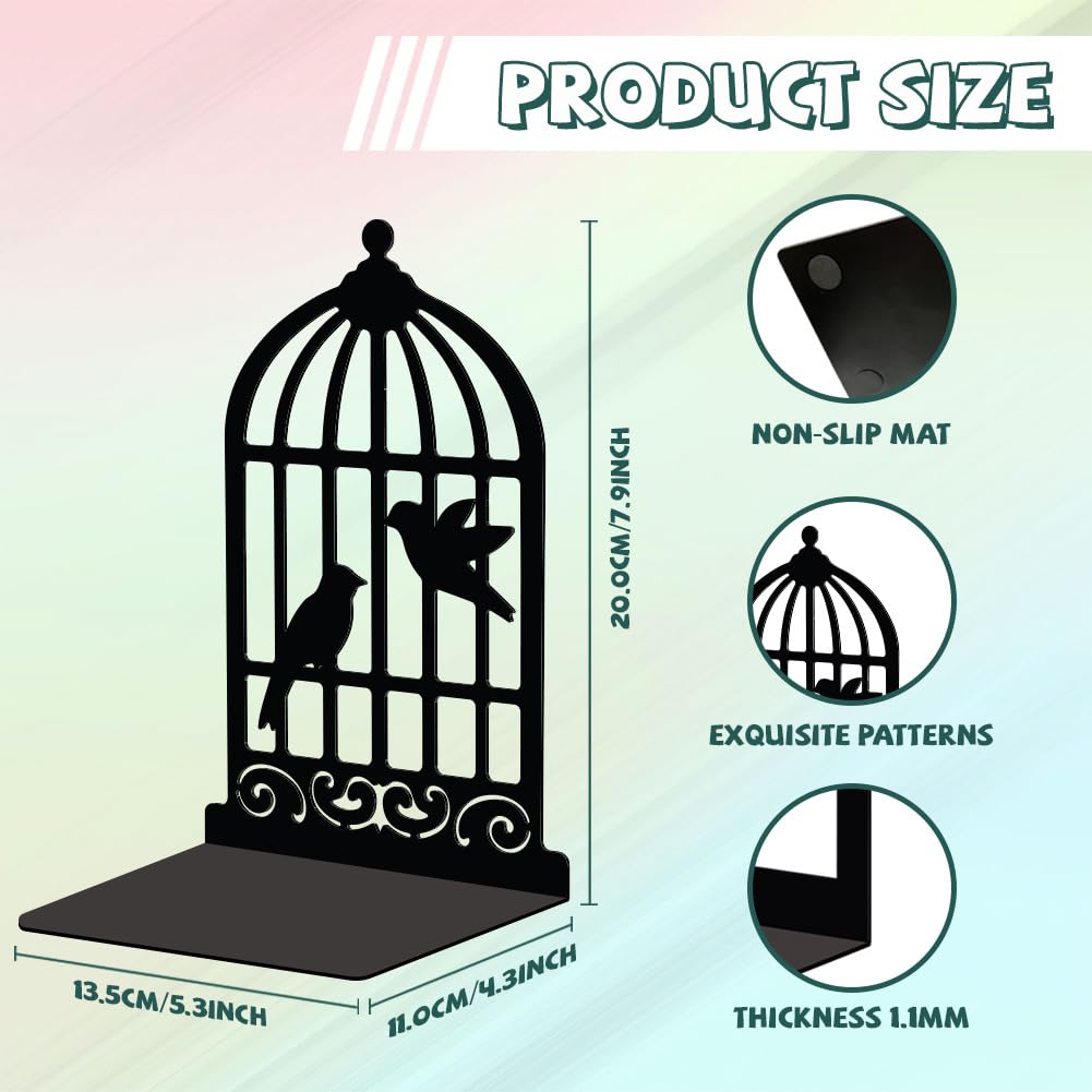 Peacoblue Metal Book Ends Stopper Holder Stand for Shelves Decorative 13.46x10.9x20cm Modern Creative Heavy Duty Study Bookends Stoppers Holder Stand for Desk Shelf 1 Pair (Birdcage and Bird) - Image 2