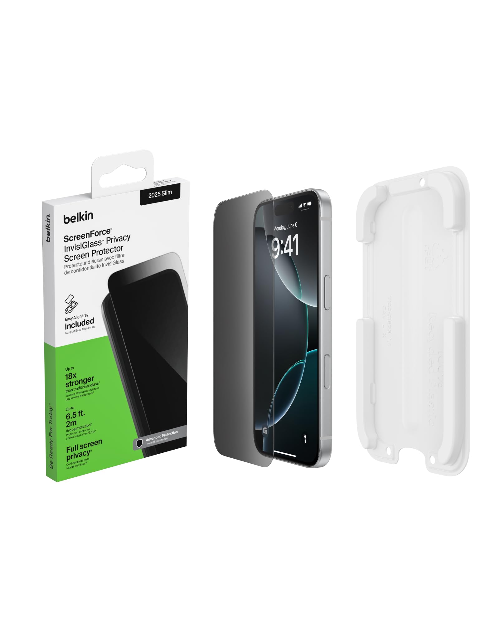 Belkin ScreenForce InvisiGlass iPhone Air Privacy Screen Protector, Scratch-Resistant Impact Protection, Easy Align Tray for Bubble Free Application Included, 9H Hardness Tested Recycled Glass