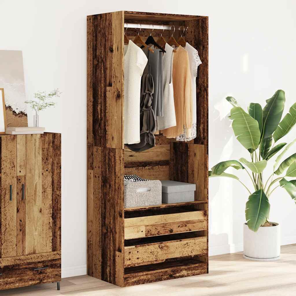 Kleiderschrank Altholz-Optik 80x50x200 cm Holzwerkstoff mit Kleiderstange, Fach und 2 Schubladen, Drehtürenschrank für Schlafzimmer, Flur und Ankleidezimmer, Stauraum