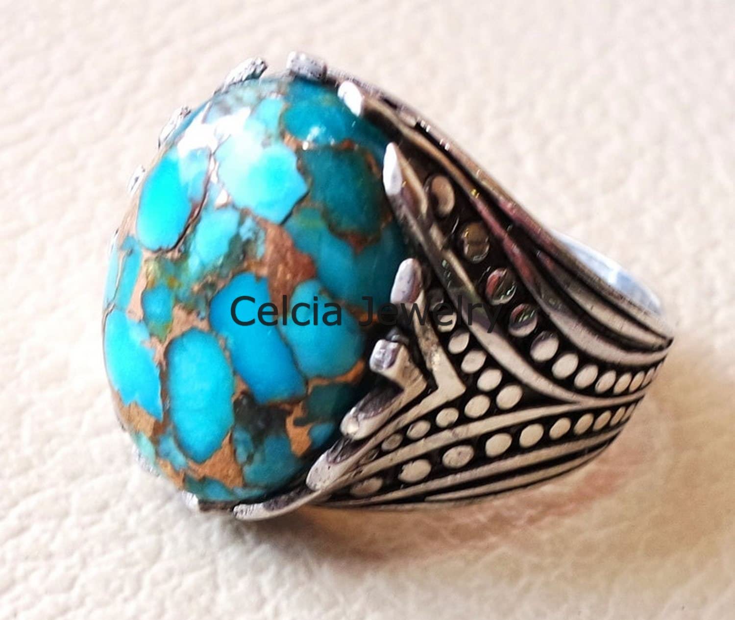 Bague ovale en cuivre bleu turquoise véritable pierre précieuse bleue, véritable argent sterling chevalière, bague de déclaration, bague de mariage, bague de cadeaux pour homme, cadeau unique pour lui