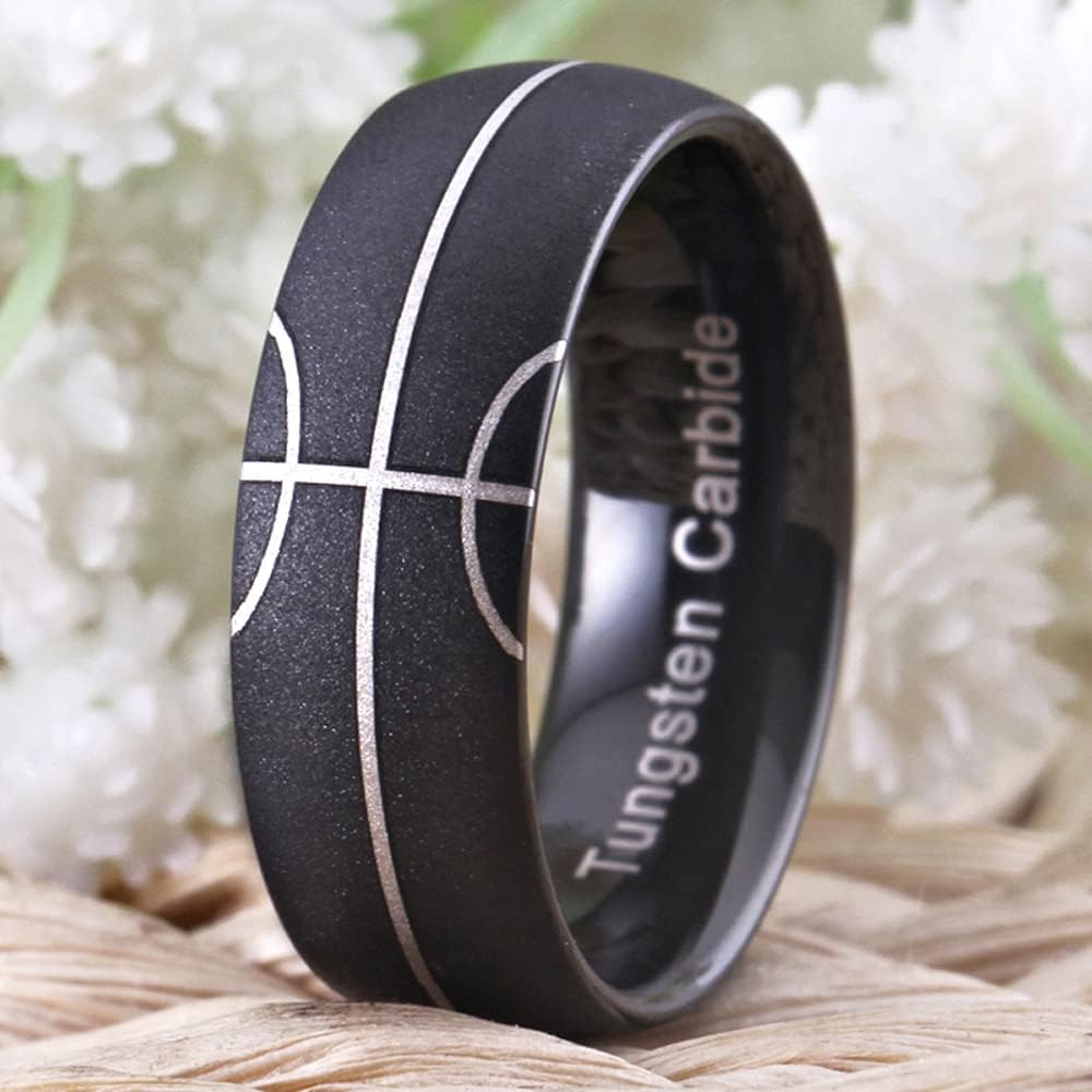 CLOUD DANCER Sporty Basketball Pattern Design Ring - 8mm Width Sand Blasted Tungsten Ring Wedding Band Ring Engagement Anniversary Jewelry
