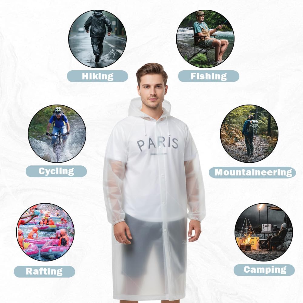 2 PCS Waterproof Clear Raincoats Thickened Reusable EVA Rain Ponchos Breathable Portable Packable Rain Coat with Drawstring Hood for Men Women Outdoor Activities