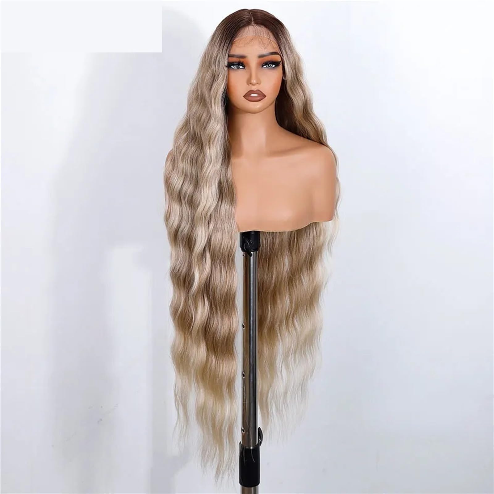 Codzienna peruka do włosów dla kobiet 36 "długa falowana koronkowa część ciała falista złota peruka dla kobiet z przodu Ombre blond peruki do cosplay do użytku na imprezę przebranie na karnawał