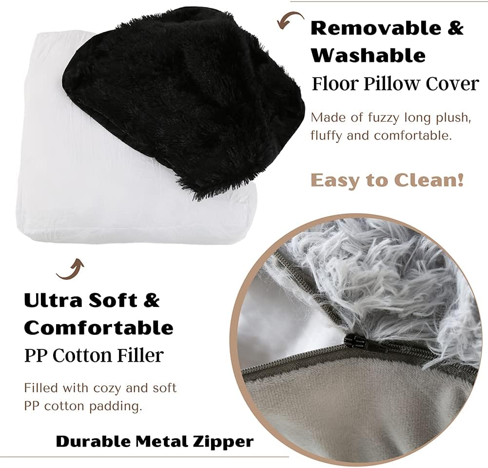 Soft Square Floor Pillow Cushion Seating Large Floor Cushion for Sitting, Fluffy Floor Seat Cushion Washable & Zippered, Faux Fur Fuzzy Oversized Floor Seat Pillow for Adult, Big 23.6 Inch Light Grey: Kitchen & Dining