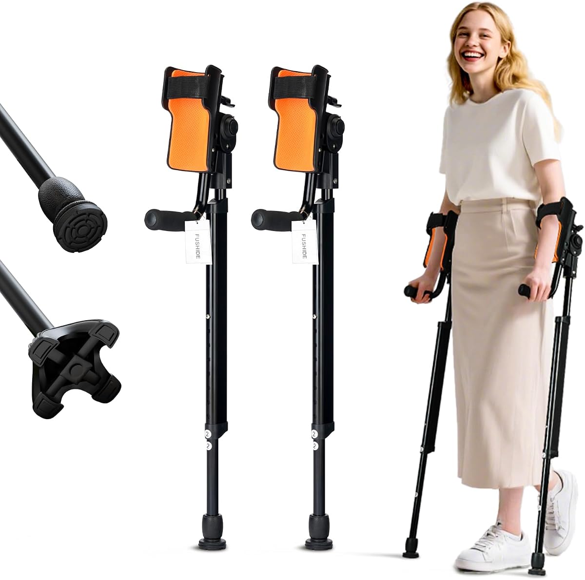 Forearm Crutches for Adults, 3-Part Detachable Design | 10-Level Height Adjustable Arm Crutches with Hook&Loop Strap for Surgery Recovery, Sports Injuries & Daily Mobility