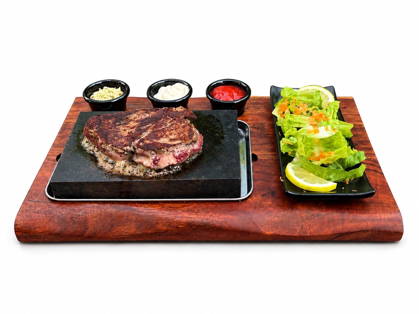 Piedra para Cocinar de Esteatita – Piedra para Carne con Tabla de Acacia, Bandeja de Acero Inoxidable y 3 Cuencos – Parrilla de Mesa para Carne, Pescado y Verduras