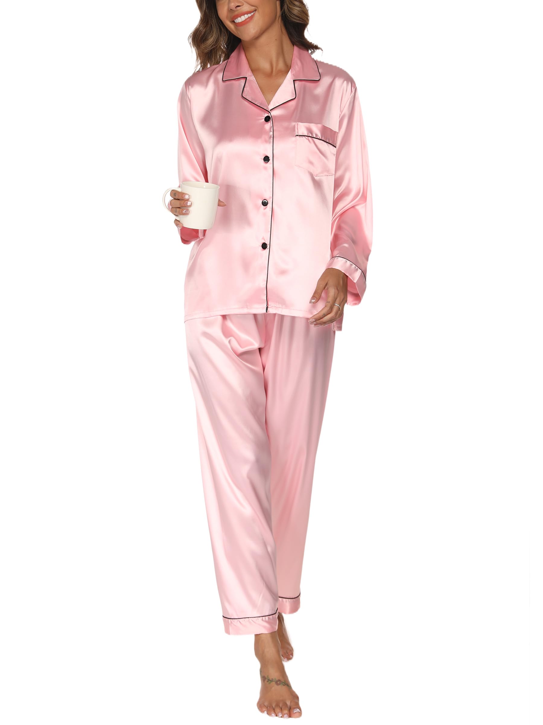Reliwel Pigiama Donna Estivo Pigiami da Donna Due Pezzi a Maniche Lunghe Pantaloni in Raso Morbidissimo Scollo V Aperto Davanti con Bottoni e Borse Laterali
