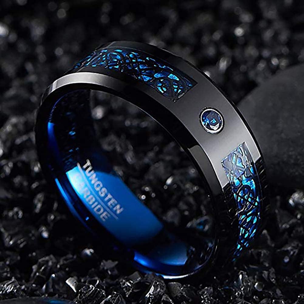 8mm Tungsten Carbide Engagement Wedding Ring for Men Women Celtic Dragon Blue Carbon Fiber and Cubic Zirconia Inlay Comfort Fit Band Size 5-16 - Image 5