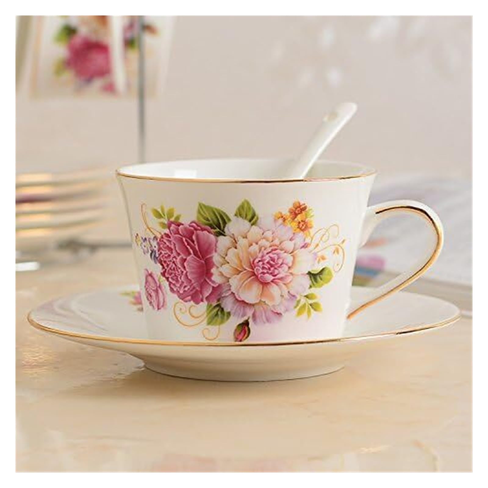 Zestaw filiżanek i spodków, 200 ml porcelanowy zestaw kubków do kawy ceramiczny kubek do kawy spodek kubek z porcelany kostnej ze spodkiem i łyżeczką 551
