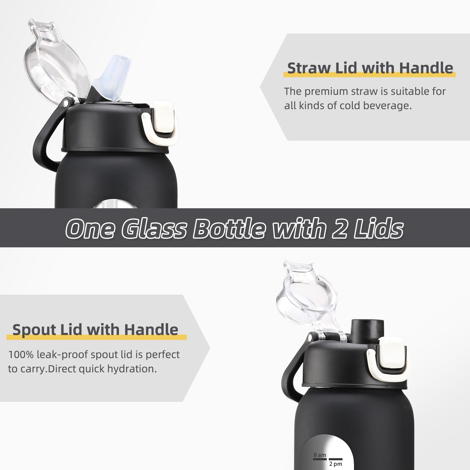 chunmo Bouteille d'eau en verre de 710 ml avec 2 couvercles, couvercle à bec verseur et couvercle à paille, bouteille d'eau motivante avec marqueur de temps et manchon en silicone, étanche, noir