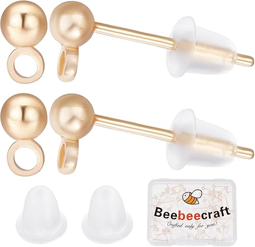 Beebeecraft 1 caja de 60 aretes de bola chapados en oro de 18 quilates con lazo y 100 tuercas de oreja de 0.51 x 0.18 pulgadas para boda, día de la