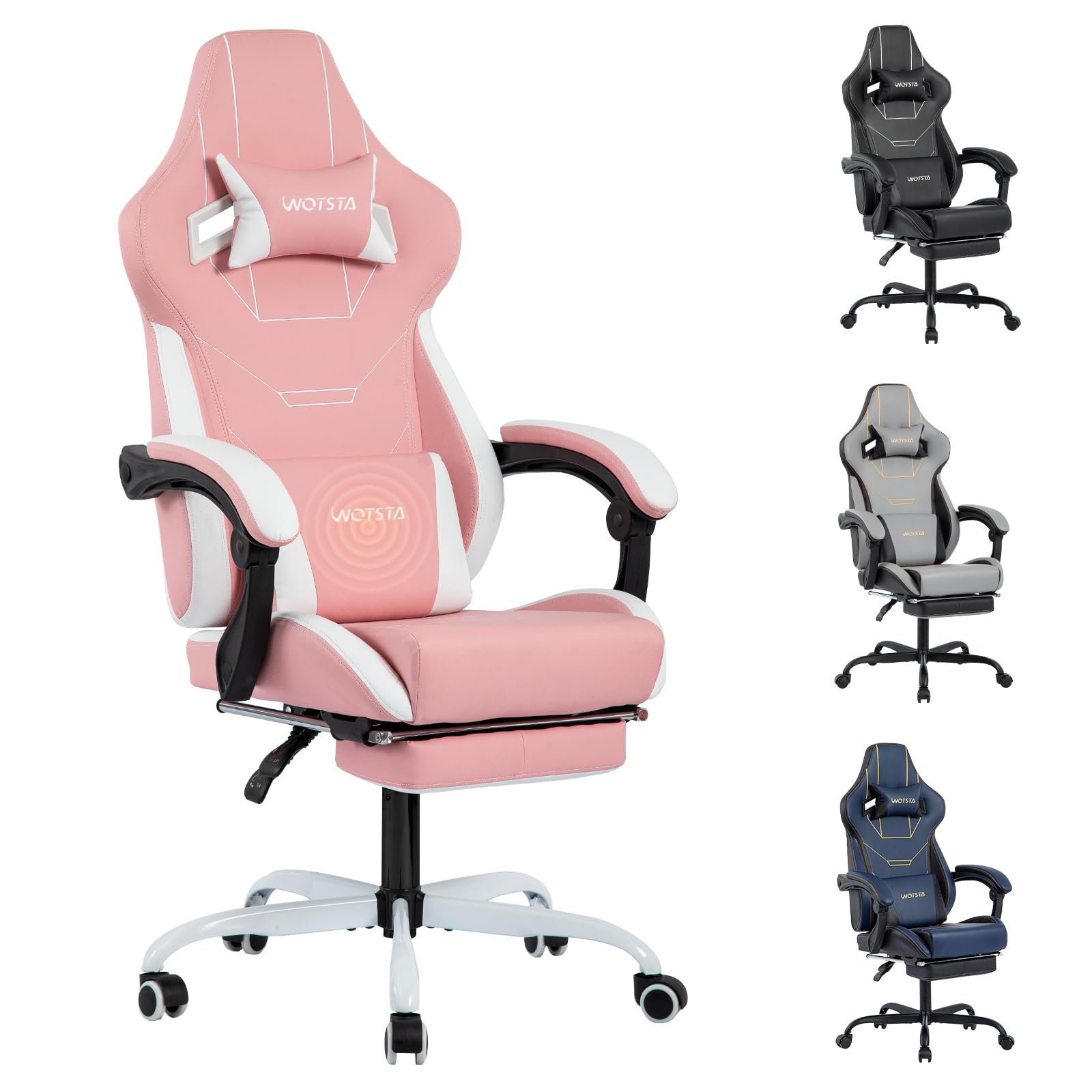 Silla para juegos, silla ergonómica para juegos, sillas de computadora con reposacabezas y lumbar, sillas de policarbonato giratorias de altura ajustable, color rosa y blanco