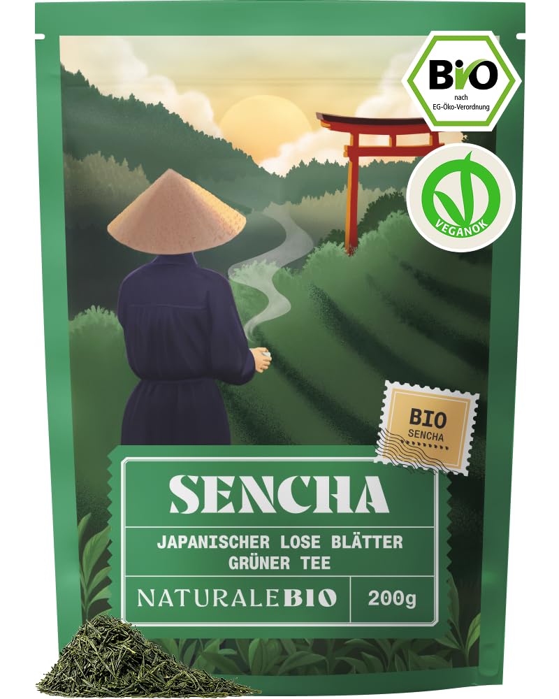 NaturaleBio Japanischer Sencha Tee – 200 g Bio Grüntee – 100% Reiner und natürlicher grüner japanischer Grüntee - Lose in Blättern der ersten Ernte – Bioprodukt angebaut in Japan