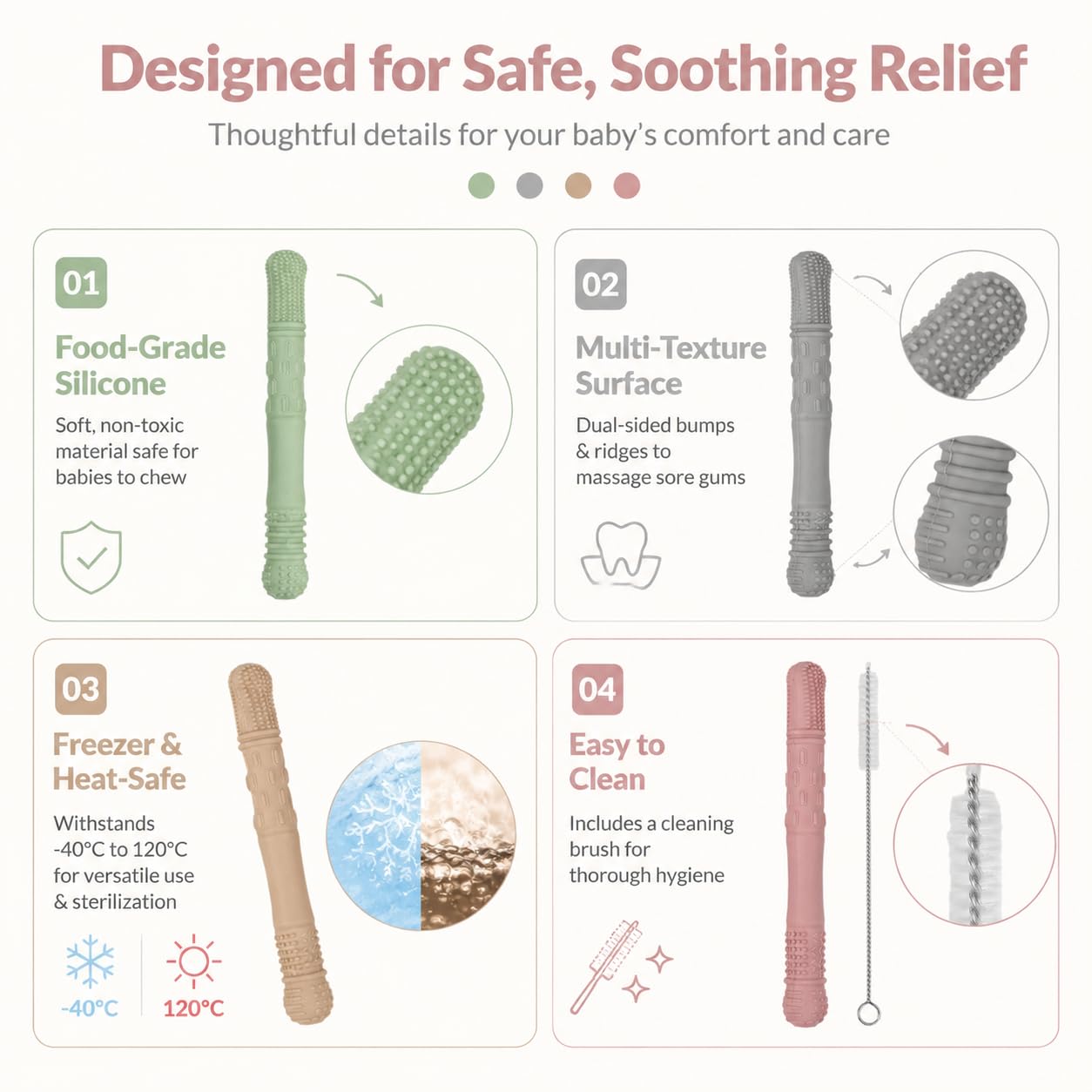 4 Pièces Jouet Sensoriel En Silicone, Refroidissant Chewy Tube avec 2 Brosse, Facile À Nettoyer, Motricité Pour Nourrissons Et Tout-petits, Allaitement, Mordre, Jouets À Mâcher En Silicone, Chewy