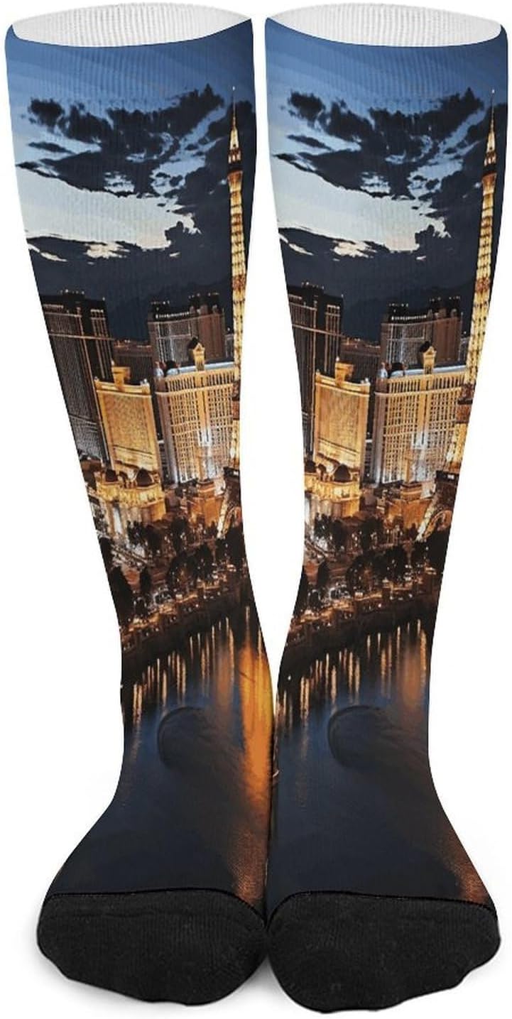 Las Vegas Night View Compression Socks for Man Women Breathable Knee High Tube Socks Baseball Football Sock Over The Calf Sock Circulation Support for Running Travel Athletic Daily Wear