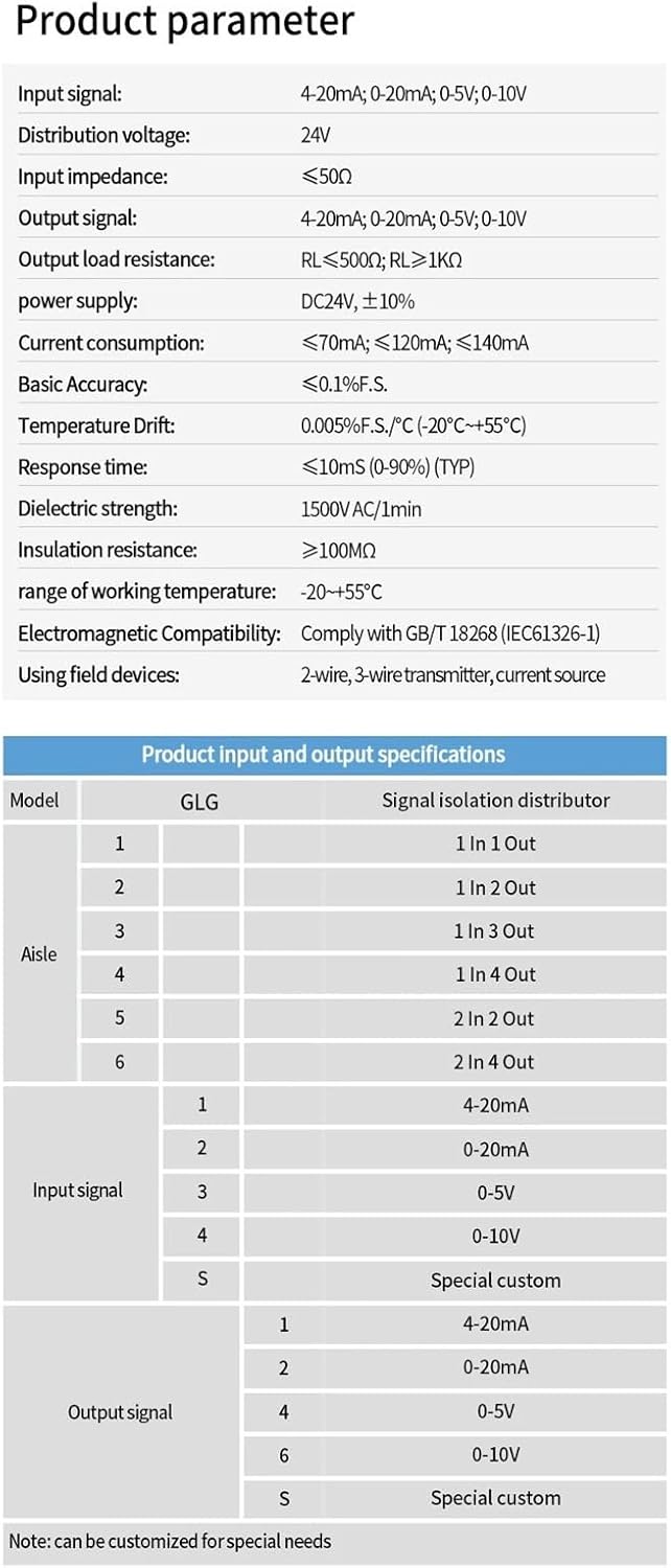 DC24V 1 in 2 Out DC Current Voltage Signal Isolator 4-20mA 0-10V Analog Signal Transmitter DC 24V Supply Signal Converter(0-10MA_Output 0-10V)