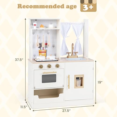 Miniatura 8 de INFANS Juego de cocina para niños, juego de cocina de madera con estufa, fregadero, microondas, armario de almacenamiento, juego de juguetes de