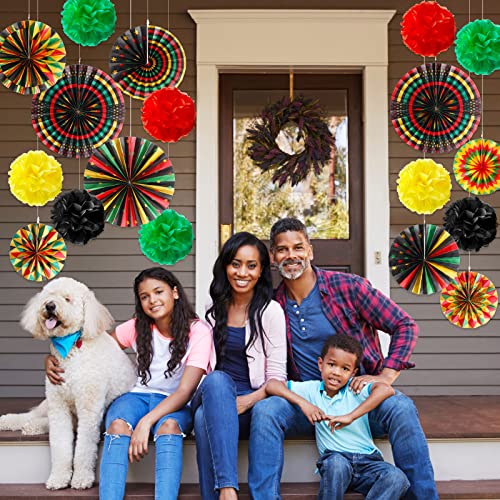 Image of Outus 21 Pcs Juneteenth Decorations Hanging Paper Fans Juneteenth Tissue Paper Poms Red Green Yellow Classroom Garland for Kente African American Party Supplies