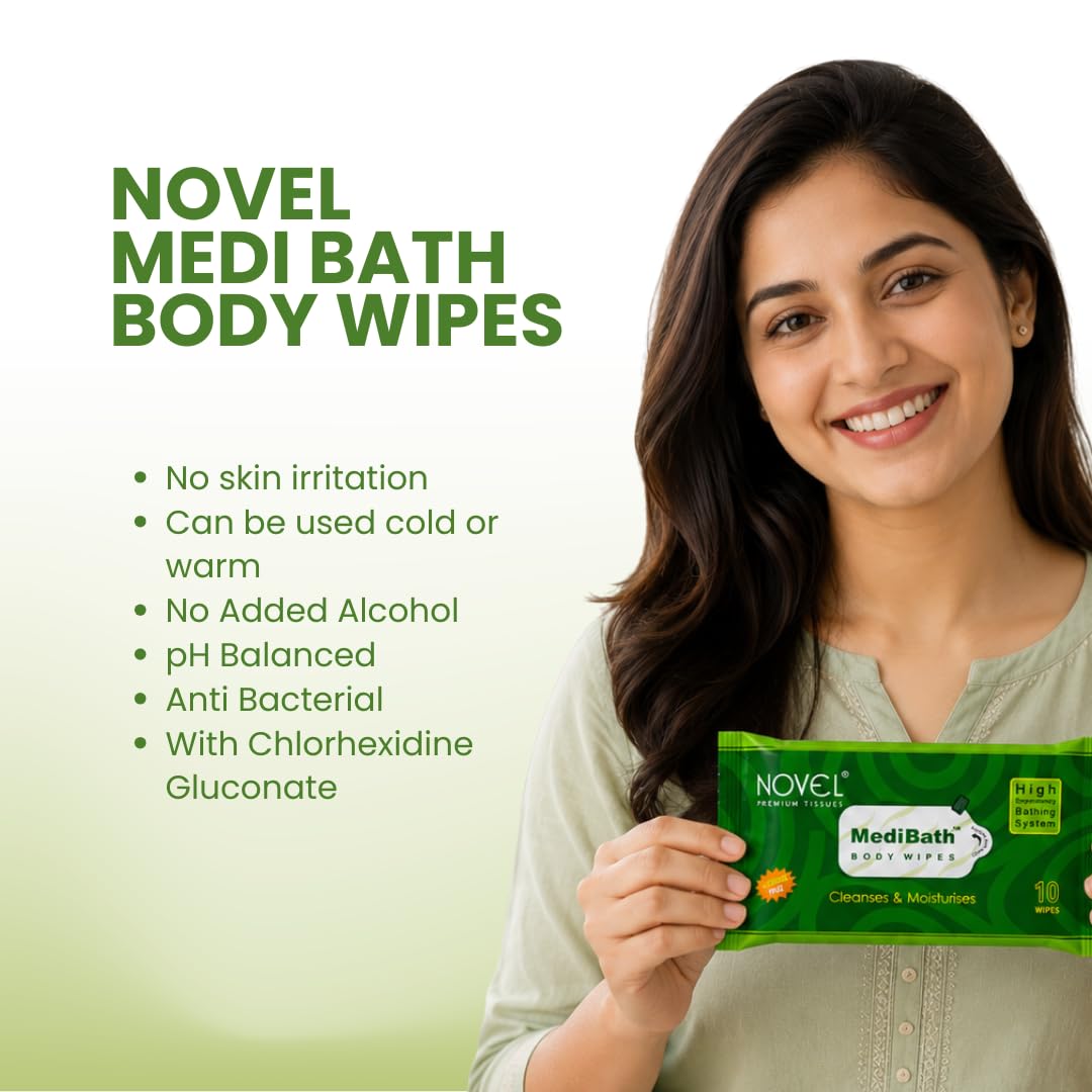 Novel Medi Bath Wet Wipes for cleaning 10 Wipes x Pack of 6 (60 Wipes) | Sponge wipes for Adults with Antiseptic Agent | Enriched with Aloe Vera, Vitamin E | Ready to Use Bed Bath Towel for Men & Women for Cleaning & Moisturizing 3