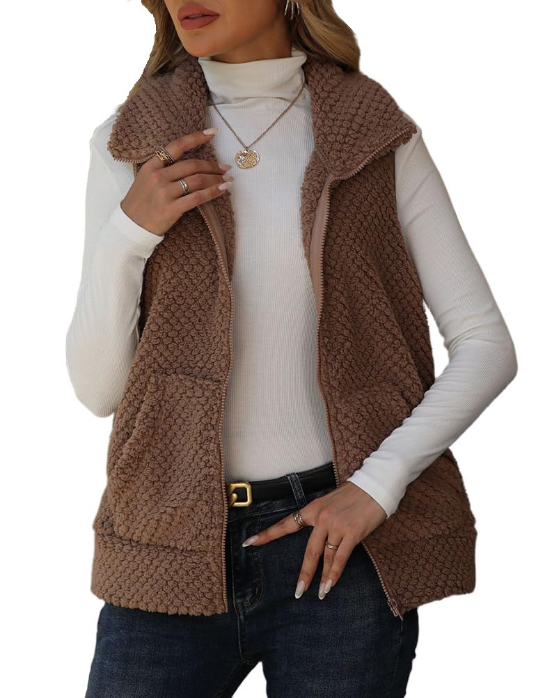 Kinghua Womens Sleeveless Knitted Double Sided Plush Vest Zip Up Fuzzy Fleece Fall Winter Casual Loose Solid Color