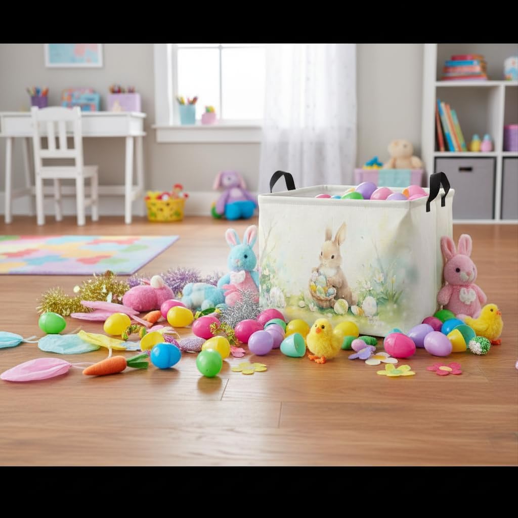 Rectangular Easter Basket Waterproof Storage Bin for Bedroom Collapsible Bin Books Box Basket Room Decor(Bunny Egg) image 3