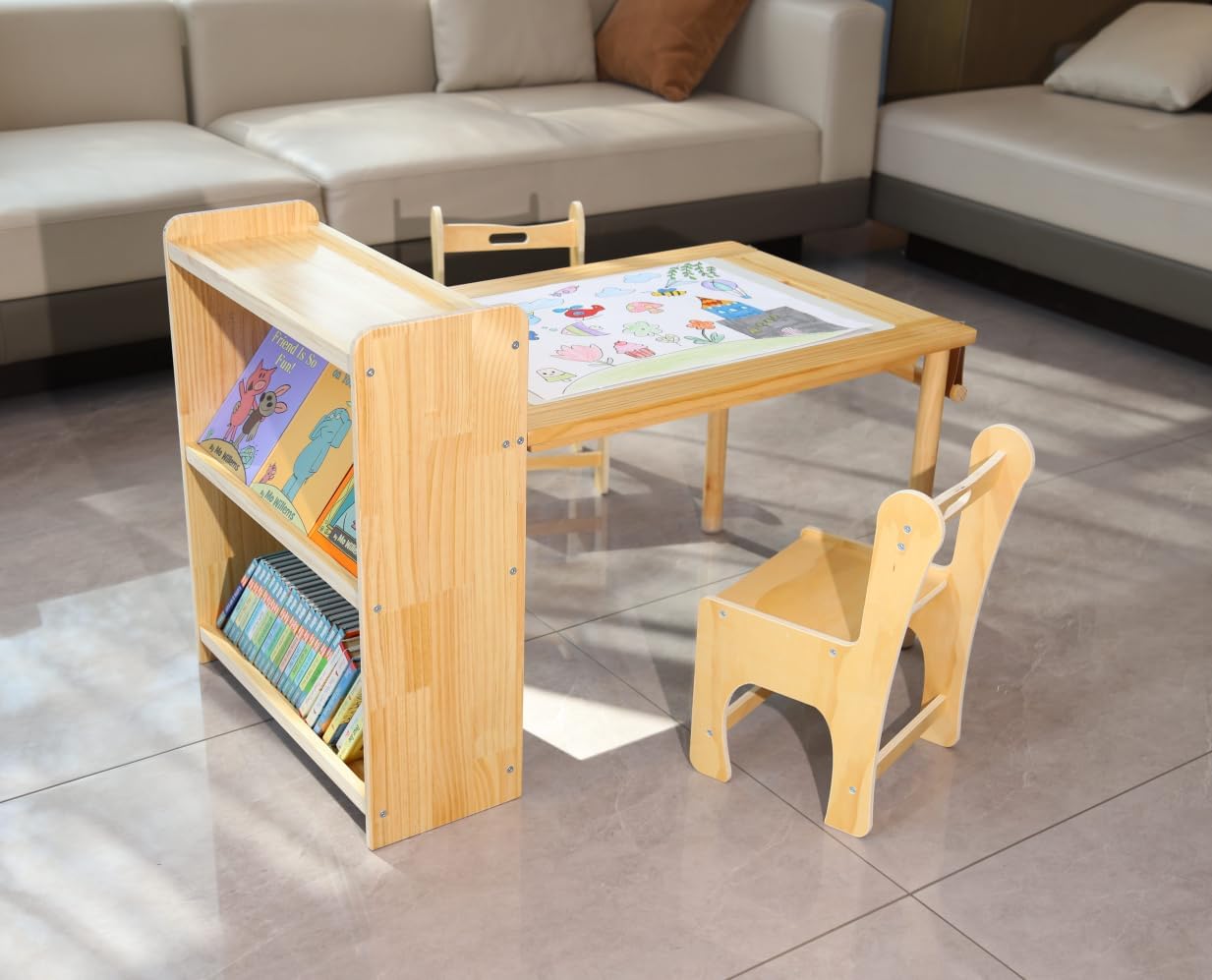JOIN&JOY Kids Art Table and 2 Chair Set, Multifunctional Craft Table with Storage Shelves, Toddler Activity for Creativity, Drawing, Learning & Playtime