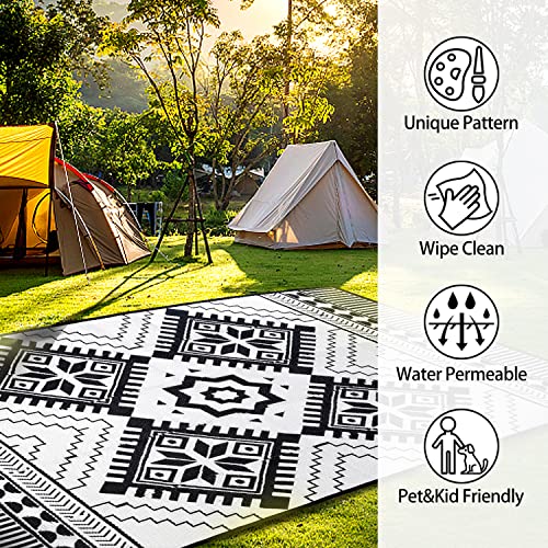 Diikoo Outdoor Rugs For Patio 6X9Ft, Reversible Plastic Straw Rug, Rv Camping Waterproof, Portable Carpet Area Rug For Camping, Deck Garden, Porch And Balcony, Black & White, Bohemia #TOP2