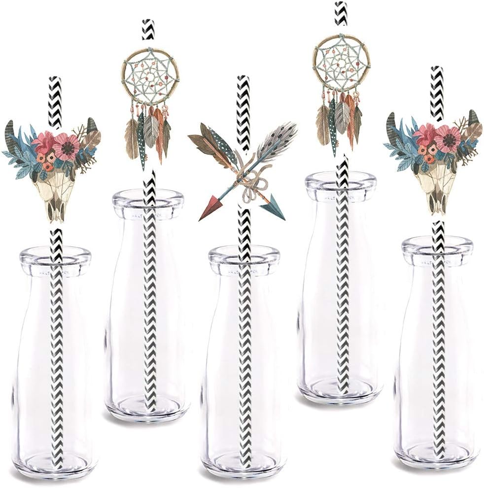 Boho Tribal Party Straw Decor, 24-Pack Wild Girl Boy Birthday Baby Shower Birthday Party Decorations, Paper Decorative Straws