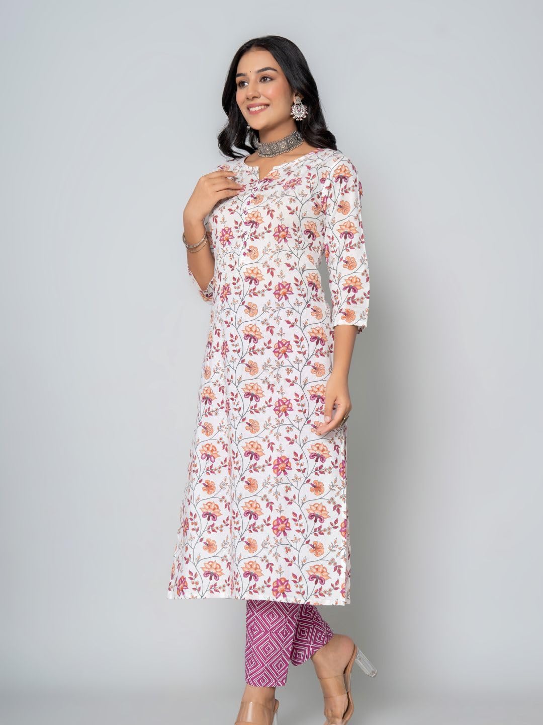 Rytras Women's Cotton Printed Straight Kurta With Pant(Ryt542,Pink,S)