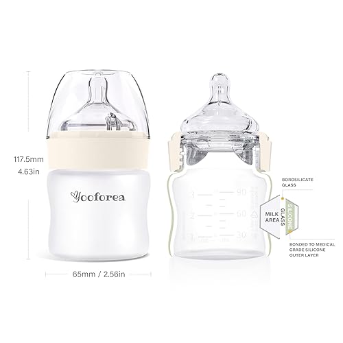 Miniatura 2 de Yooforea Biberón de vidrio recubierto de silicona, 0 M+ pezón de flujo lento I anticólicos, cuello ancho, base estable I revestimiento de silicona