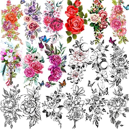 TASROI 18 Sheets Sexy Flower Rose Temporary Tattoos For Women Girls Adults, Women Body Art Fake Arm Tattoo Stickers, Waterproof Moon Butterfly Black Floral Tattoo Temporary Orchid Dahlia Neck Tatoos