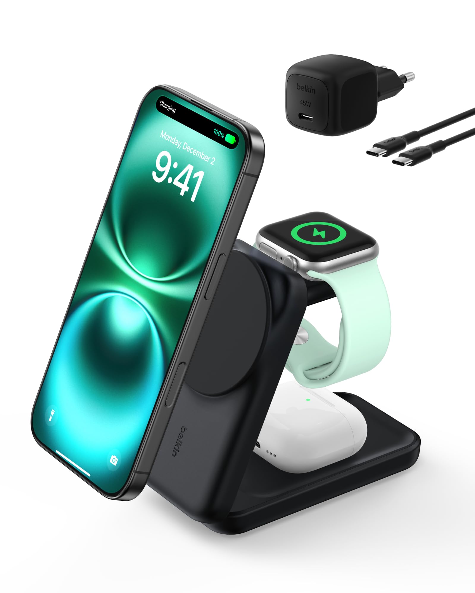 Belkin UltraCharge MagSafe Uyumlu 3’ü 1 Arada Qi2 25W Kablosuz Şarj Cihazı, iPhone 16, Apple Watch, AirPods, Pixelsnap, Dönüştürülebilir Masaüstü Standı, 45W Adaptör, Siyah