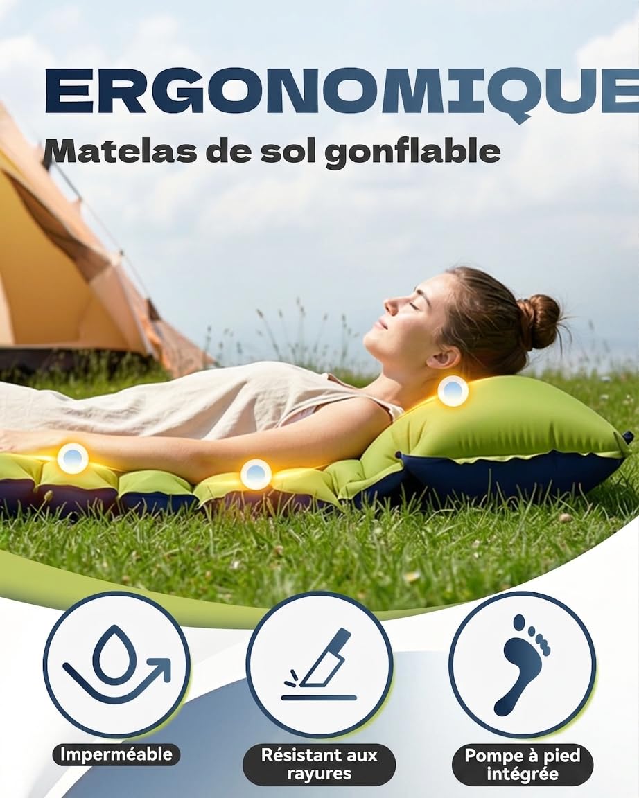 Matelas Gonflable 1 Place, Matelas Camping Autogonflant avec Oreiller Intégré et Pompe à Pied Incorporée, Matelas de Plage Portable pour Camping, Randonnée, Trekking et Tente, 190 × 70 × 15 cm