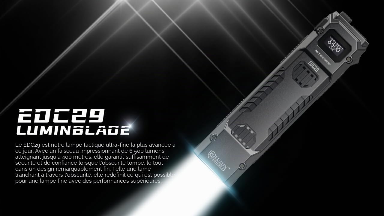 Nitecore Lampe de poche EDC29 Luminblade - Lampe de poche tactique LED rechargeable par USB - Extrêmement lumineuse - 6500 lumens - Jusqu'à 61 heures d'autonomie