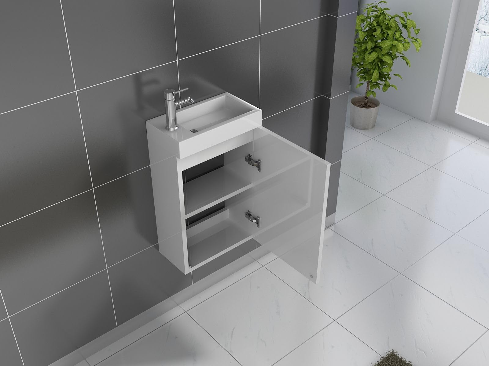 junado SAM Waschplatz Vega, Kleiner Waschtisch Weiß Hochglanz, Tür mit Push-Open-Funktion, Kunststoffbecken Gäste-WC 40 x 22 x 58 cm