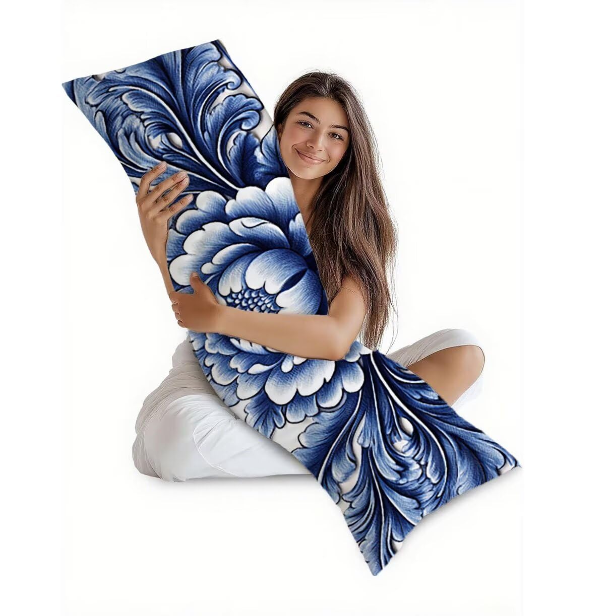Seitenschläferkissen Bezug Blau Kissenbezug 60 x 180 Schwangerschaftskissen Blume, Leinen Atmungsaktiv und Weich Body Pillow, für Deko Wohnzimmer Sofa Kopfkissenbezug, Geschenke für Fraue T-10527
