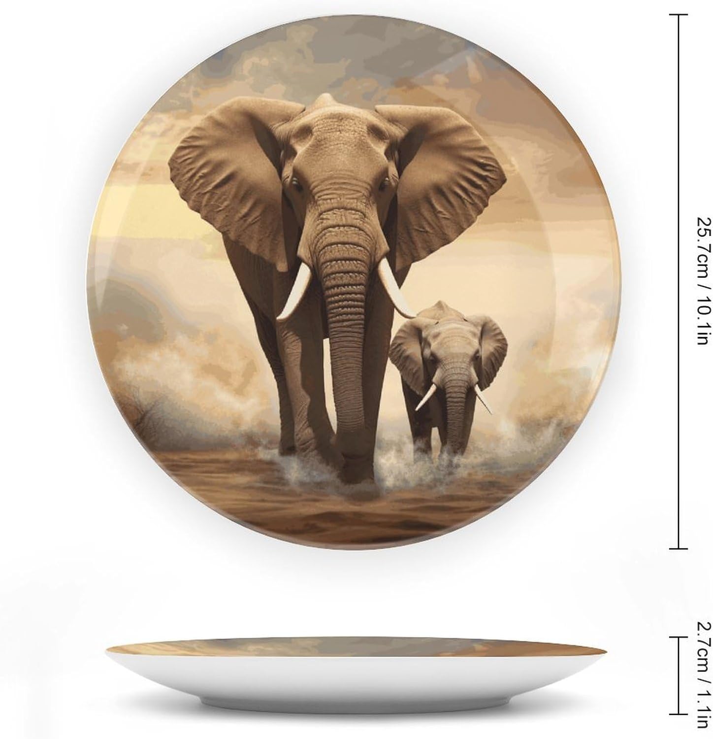 Elephant And Baby Elephant Ceramic Decorative Plate, Bone China Plates | Chinese Style Decorative Dish with Stand, Dinner Plates Art Crafts for Wall Decor, Collections Plate with Hook 10inch