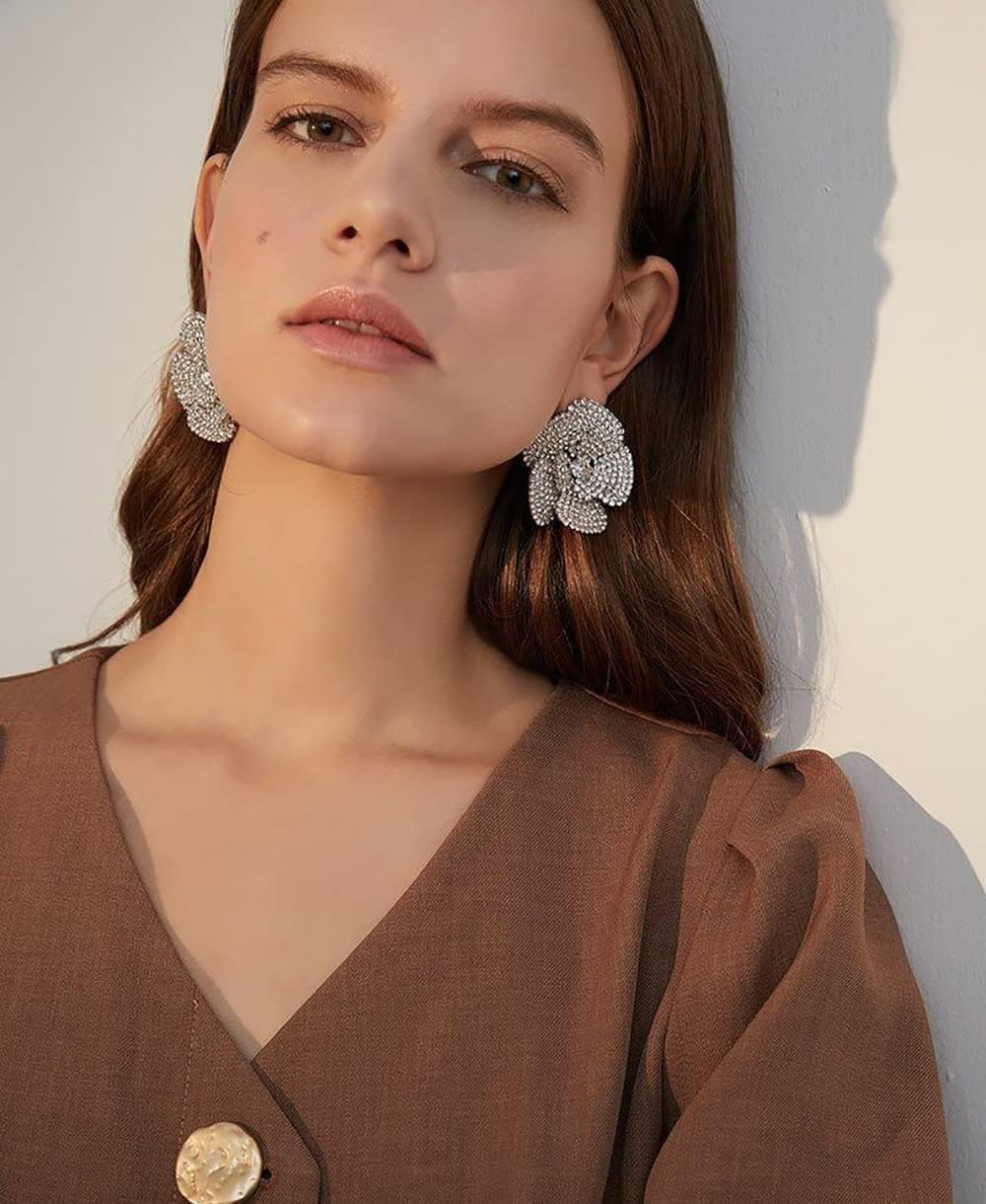 Dainty Crystal Flower Statement Stud Earrings Cubic Zirconia Floral Dangle Drop Earring Exquisite Wedding Jewelry Gifts for Women Girls Bridal - Image 4