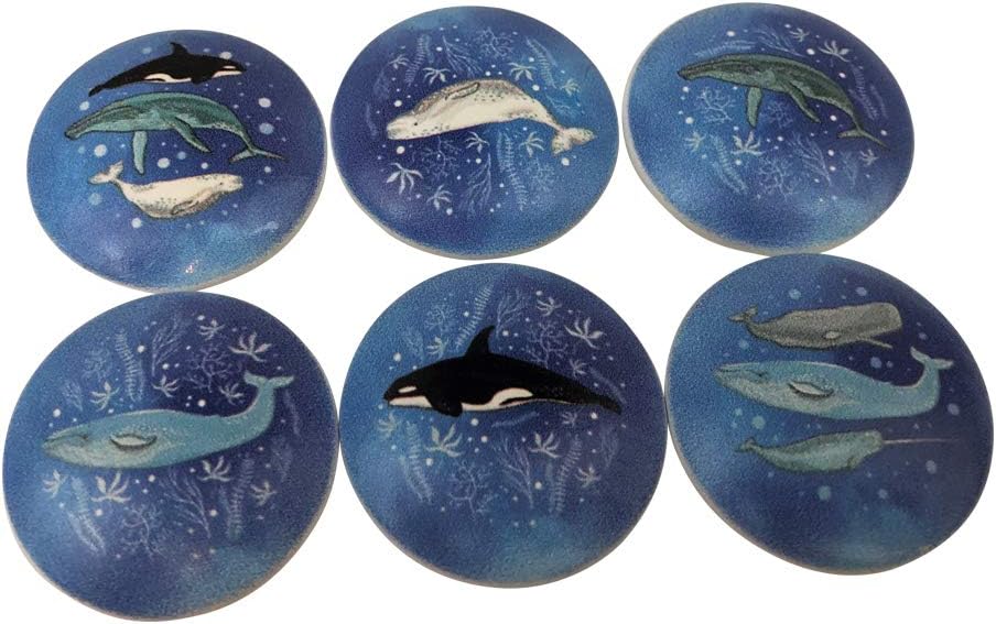 Twisted R Design Wooden Cabinet Knobs - Set of 6 Round Kitchen, Bathroom, or Furniture Cabinet Handles or Pulls w/Glossy Finish - Whales on Blue Drawer Knobs Design - 1.5 x 1.5 Inches