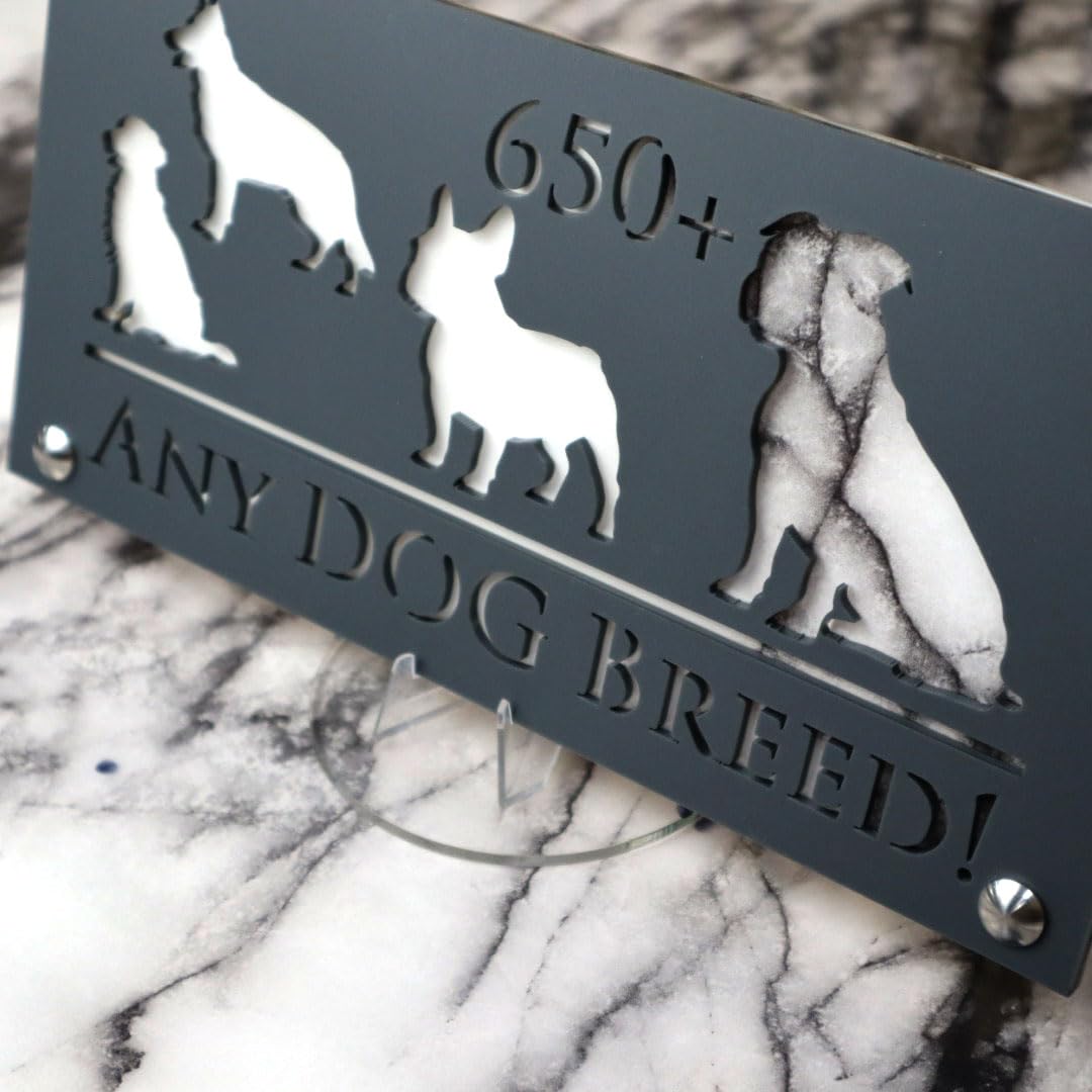 K Smart Sign | 280mm x 140mm | Personalised Dog Luxe property house Dogs wall number address Any-Dog personalised plaque numbers signs fully personalised choose your own (Grey & White Marble)