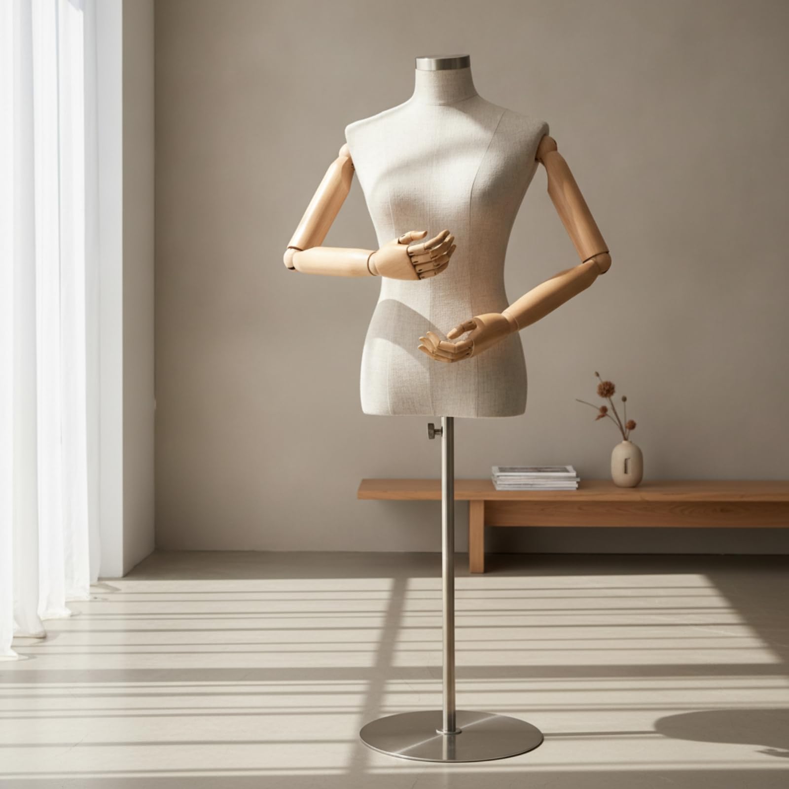 Gralara Maniquí Medio Cuerpo con Brazos Articulados Profesional Busto Exhibición con Base Metal Estable Maniquí Base Metal para Sastres