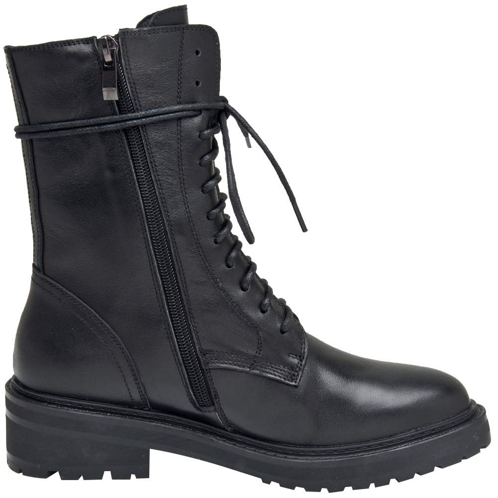 rismart Damen Biker Boots Mid-Calf Leder Stiefeletten mit Reißverschluss Schnürer Klassisch Stiefel