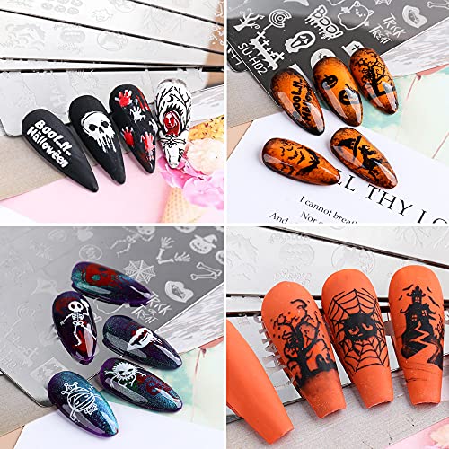 Halloween Nail Stamping Plates Stainless Steel Halloween Nail Stencils Image Plate Diy Nail Art Accessories Skull Pumpkin Ghost Bat Witch Owl Nail Stamp Template For Halloween Nail Design Kit 6Pcs #TOP3