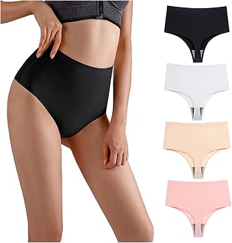 High Waisted Thong Tummy Control Thong No Show Underwear for Women Smooth Seamless Panty B Set,L