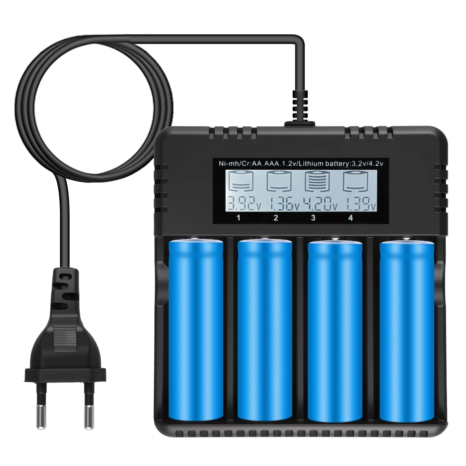 Chargeur LCD Batteries 18650 Li-ION 3.7V 4 Slots Indépendants AA AAA | Charge intelligente batteries, écran digital temps réel, protection avancée et compatibilité Li-ion NiMH pour usage quotidien