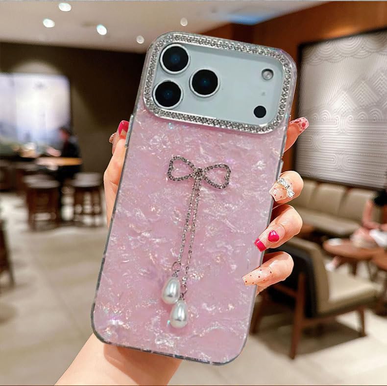 Image of mobistyle Designed for iPhone 17 Pro Max | Shell Pattern with Bow Tassel and Daimond Camera Lens Protection Back Cover Case for Women Girls iPhone 17 Pro Max (Pink)
