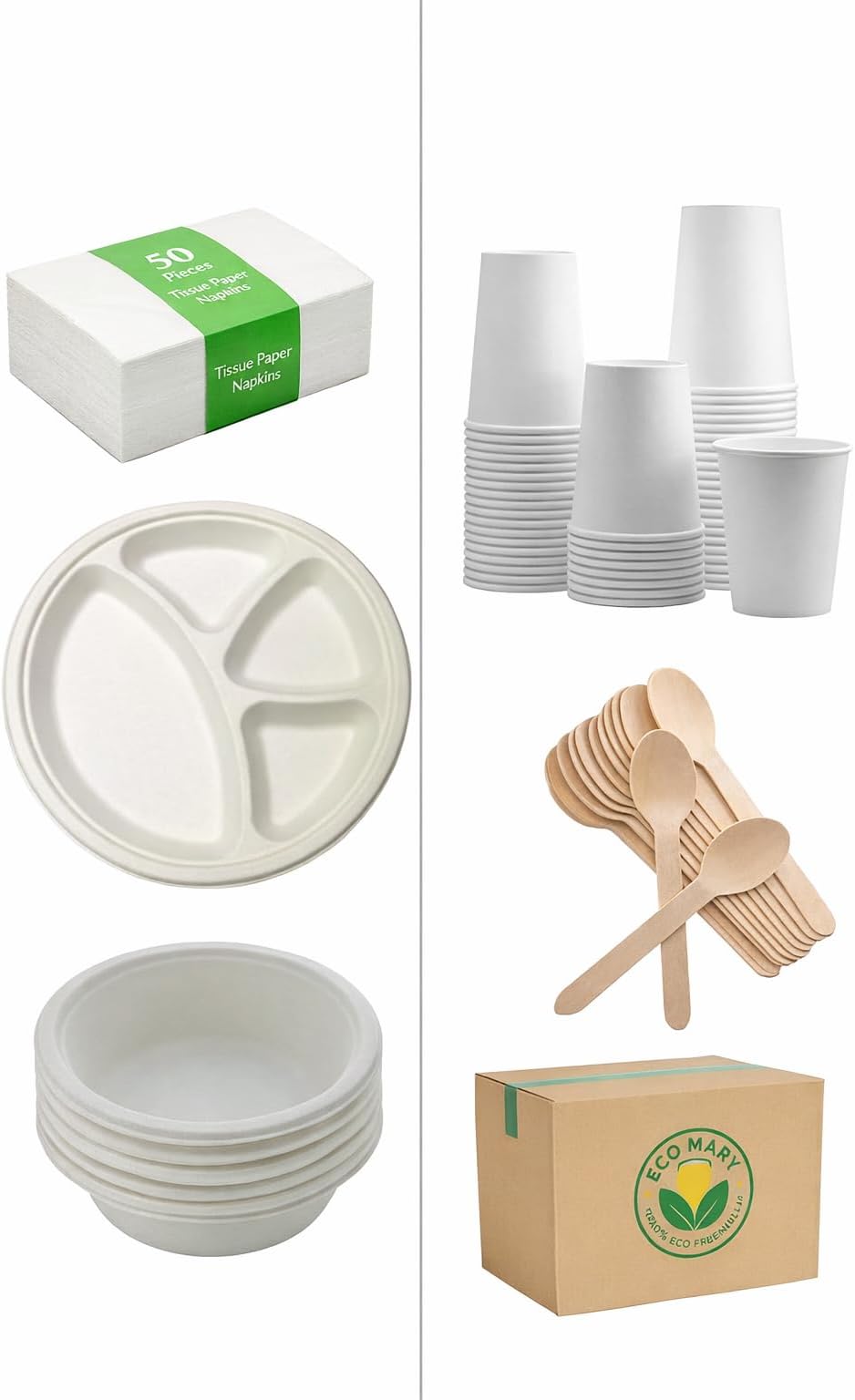 Eco-Friendly Disposable Dinnerware Set 110 Pcs | 12 Inch 4 Compartment Plates, 180ml Bowls, 210ml Glass, Wooden Spoon | Each (15 Qty) & 50 Tissues | Sugarcane Bagasse for Parties, Events, & Cafes