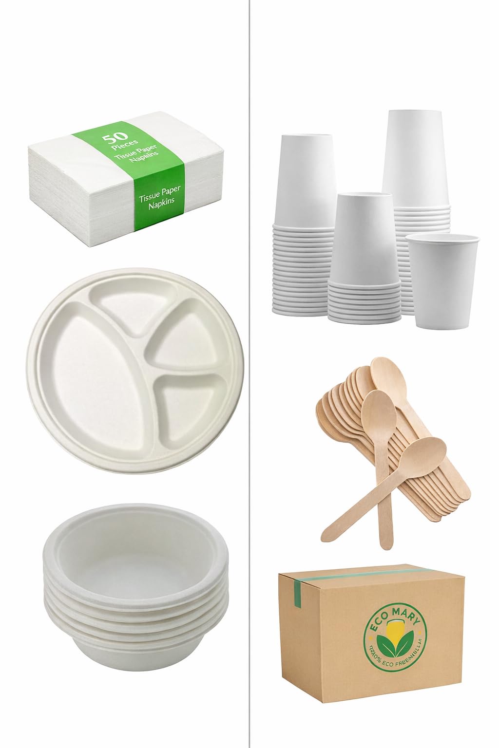 Eco-Friendly Disposable Dinnerware Set 110 Pcs | 12 Inch 4 Compartment Plates, 180ml Bowls, 210ml Glass, Wooden Spoon | Each (15 Qty) & 50 Tissues | Sugarcane Bagasse for Parties, Events, & Cafes