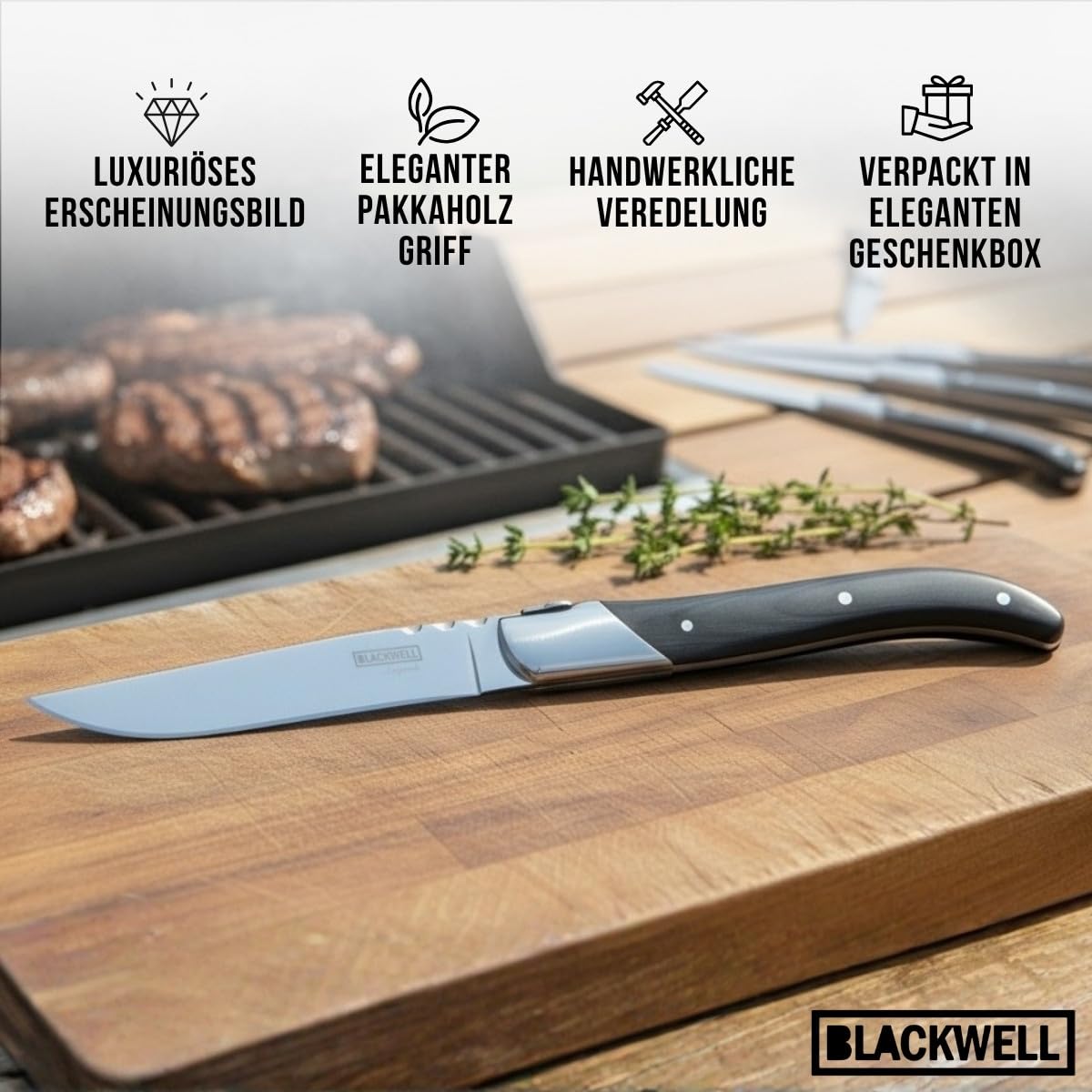 Blackwell Laguiole Steakbesteck Set 12-teilig | 6 Steakmesser + 6 Steakgabeln | Ebenholz | Edelstahl | Geschenkbox