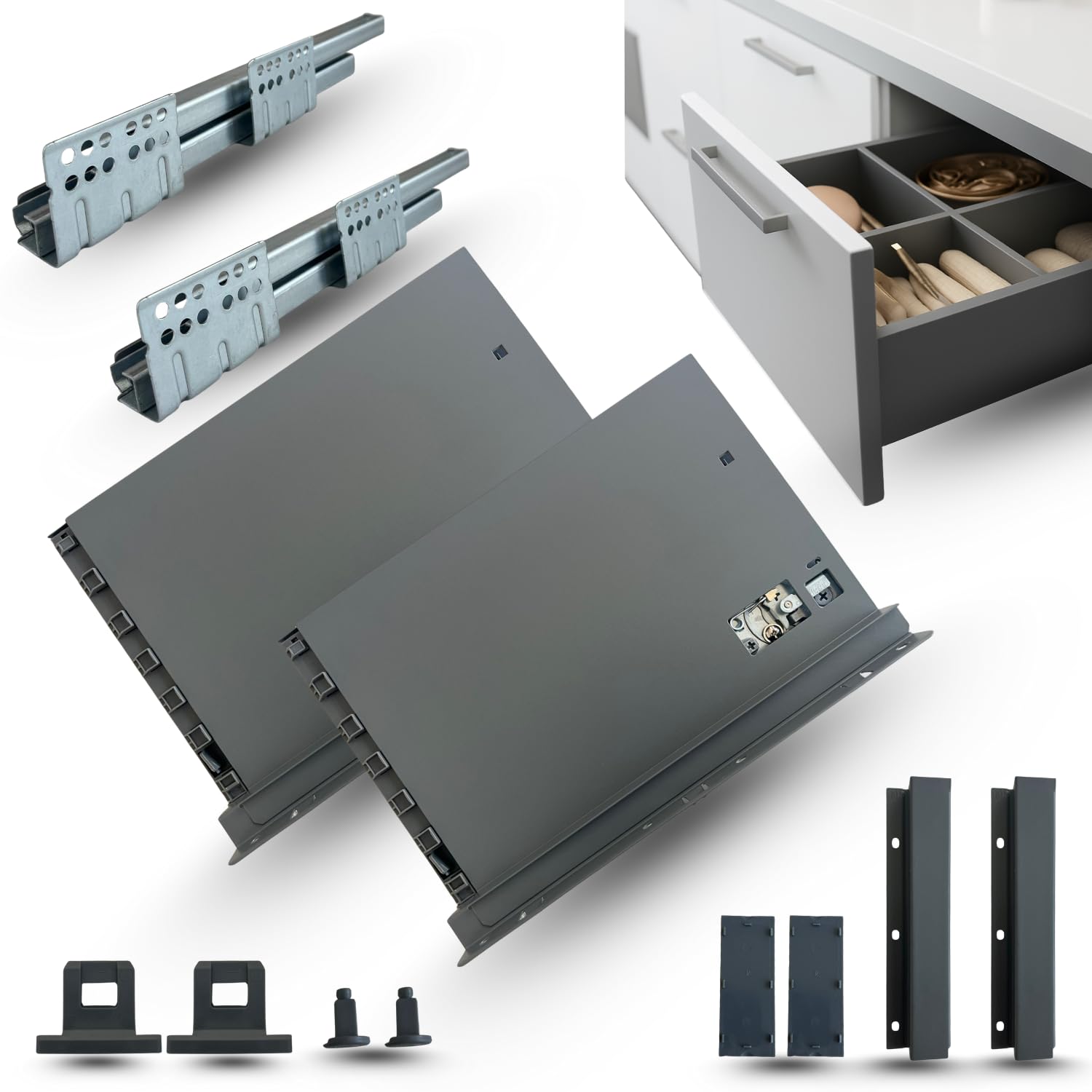 CASSETTO in KIT Ad Estrazione Totale per Ambiente Camera Bagno Cucina Ufficio - Nuovo Design SLIM, Portata 40kg, Guide Sincronizzate (H 203mm - P 400mm)